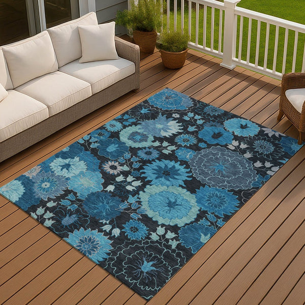 HomeRoots 10' Blue & Black Floral Washable Area Rug - Durable Indoor/Outdoor Design for High-Traffic Spaces! 658122
