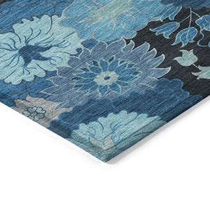 HomeRoots 10' Blue & Black Floral Washable Area Rug - Durable Indoor/Outdoor Design for High-Traffic Spaces! 658122