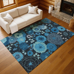 HomeRoots 10' Blue & Black Floral Washable Area Rug - Durable Indoor/Outdoor Design for High-Traffic Spaces! 658122