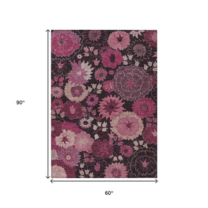 HomeRoots 5' X 8' Blush and Black Floral Area Rug - Stylish, Washable, Stain-Resistant for Indoor & Outdoor Use! 658124