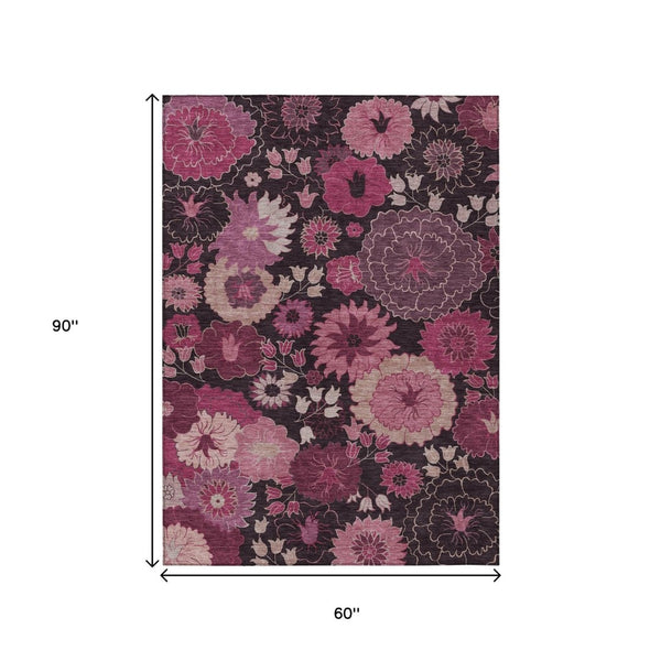 HomeRoots 5' X 8' Blush and Black Floral Area Rug - Stylish, Washable, Stain-Resistant for Indoor & Outdoor Use! 658124