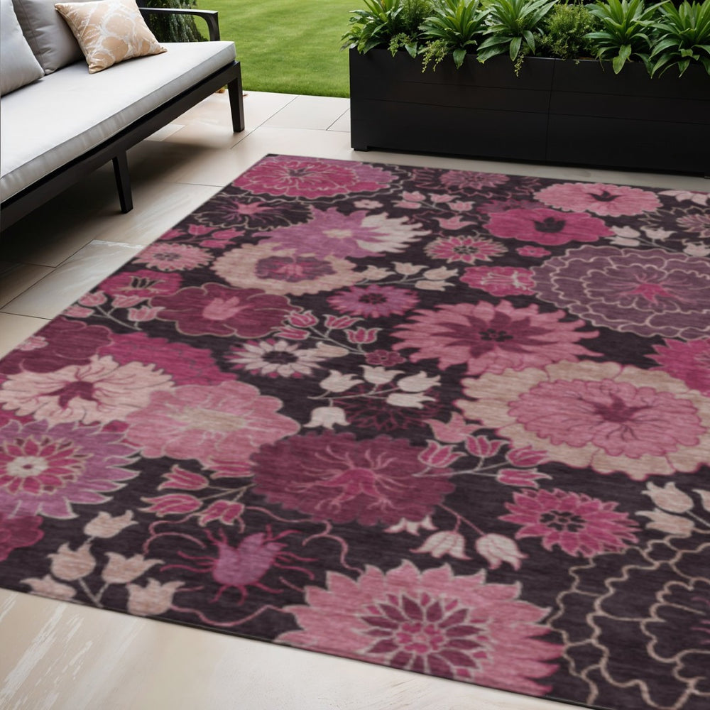 HomeRoots 5' X 8' Blush and Black Floral Area Rug - Stylish, Washable, Stain-Resistant for Indoor & Outdoor Use! 658124