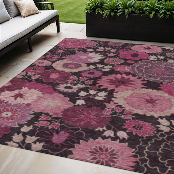 HomeRoots 5' X 8' Blush and Black Floral Area Rug - Stylish, Washable, Stain-Resistant for Indoor & Outdoor Use! 658124