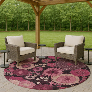 HomeRoots 8' Blush and Black Floral Washable Area Rug – Stylish Round Design for Indoor & Outdoor Spaces 658125