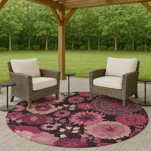 HomeRoots 8' Blush and Black Floral Washable Area Rug – Stylish Round Design for Indoor & Outdoor Spaces 658125