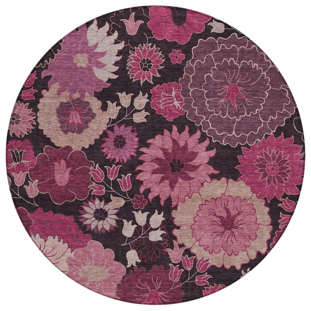 HomeRoots 8' Blush and Black Floral Washable Area Rug – Stylish Round Design for Indoor & Outdoor Spaces 658125