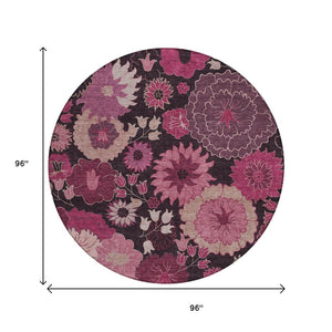 HomeRoots 8' Blush and Black Floral Washable Area Rug – Stylish Round Design for Indoor & Outdoor Spaces 658125