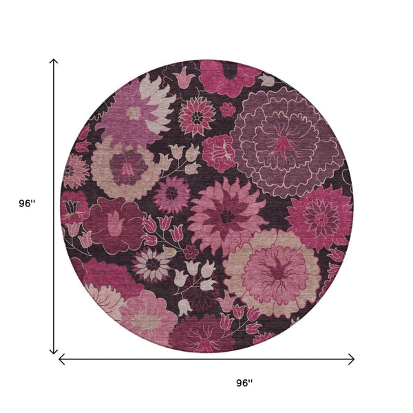HomeRoots 8' Blush and Black Floral Washable Area Rug – Stylish Round Design for Indoor & Outdoor Spaces 658125