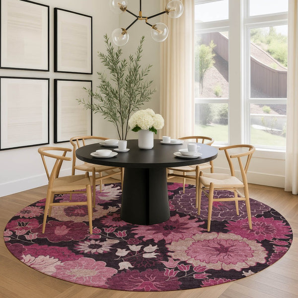 HomeRoots 8' Blush and Black Floral Washable Area Rug – Stylish Round Design for Indoor & Outdoor Spaces 658125