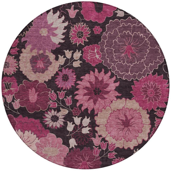HomeRoots 8' Blush and Black Floral Washable Area Rug – Stylish Round Design for Indoor & Outdoor Spaces 658125