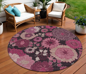 HomeRoots 8' Blush and Black Floral Washable Area Rug – Stylish Round Design for Indoor & Outdoor Spaces 658125