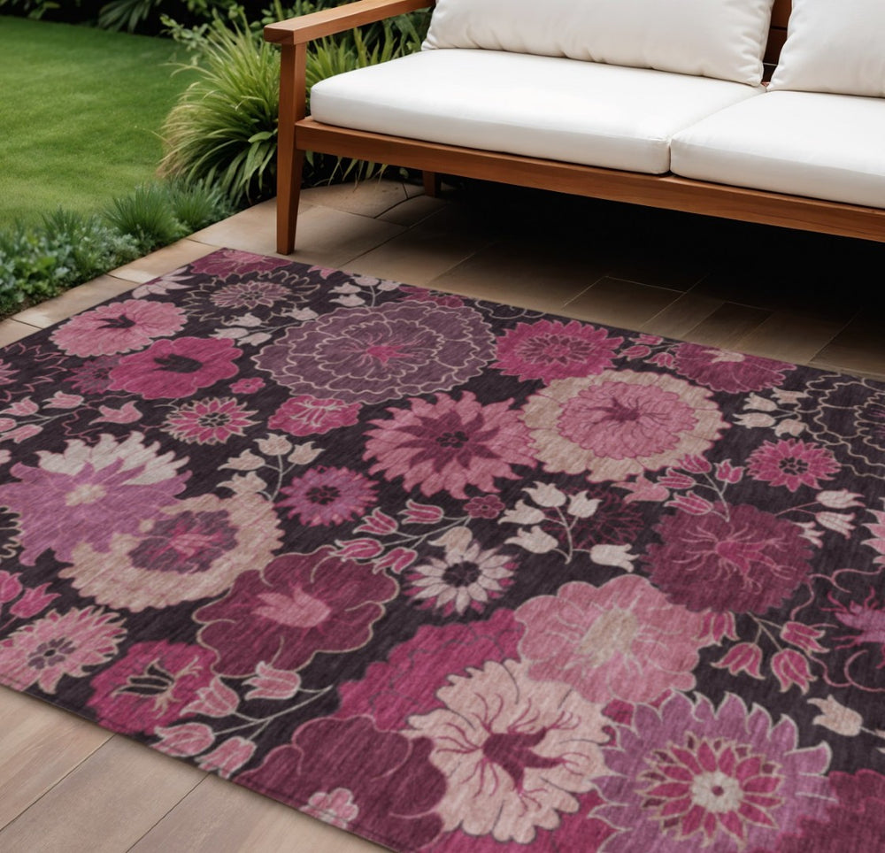 HomeRoots 8' X 10' Blush and Black Floral Washable Area Rug – Durable, Stylish, Indoor/Outdoor Charm for Any Space 658126