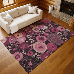 HomeRoots 8' X 10' Blush and Black Floral Washable Area Rug – Durable, Stylish, Indoor/Outdoor Charm for Any Space 658126