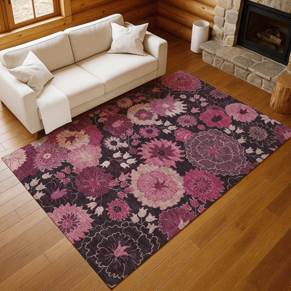 HomeRoots 8' X 10' Blush and Black Floral Washable Area Rug – Durable, Stylish, Indoor/Outdoor Charm for Any Space 658126