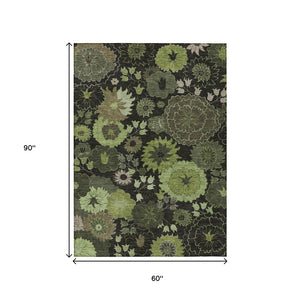 HomeRoots 5' X 8' Green and Black Floral Area Rug - Stylish, Washable, Durable for Indoor/Outdoor Use! 658130