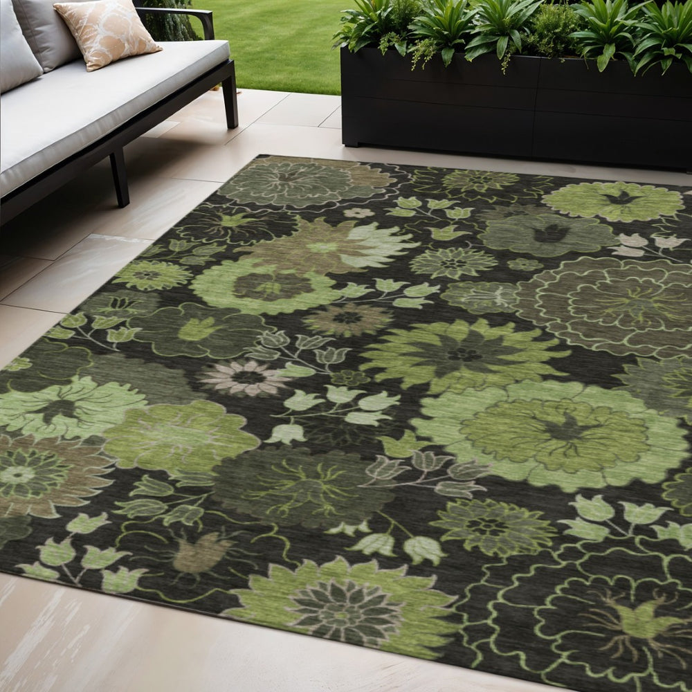 HomeRoots 5' X 8' Green and Black Floral Area Rug - Stylish, Washable, Durable for Indoor/Outdoor Use! 658130