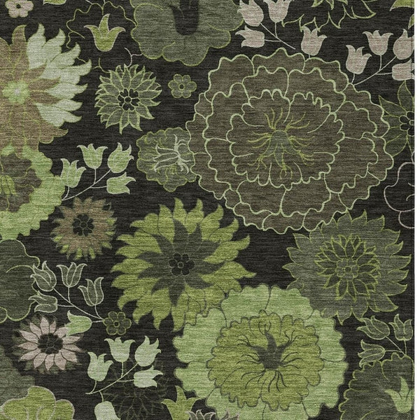 HomeRoots 5' X 8' Green and Black Floral Area Rug - Stylish, Washable, Durable for Indoor/Outdoor Use! 658130