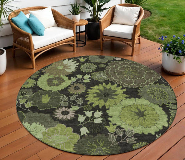 HomeRoots 8' Green and Black Round Floral Area Rug - Washable, Durable, Perfect for Indoor & Outdoor Use! 658131