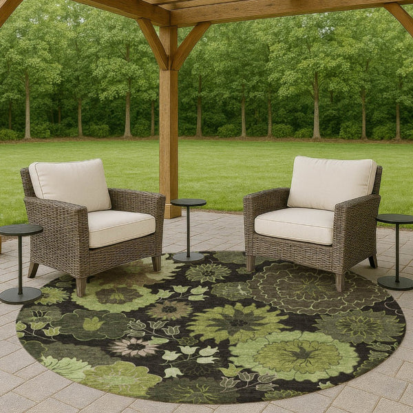 HomeRoots 8' Green and Black Round Floral Area Rug - Washable, Durable, Perfect for Indoor & Outdoor Use! 658131