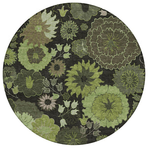 HomeRoots 8' Green and Black Round Floral Area Rug - Washable, Durable, Perfect for Indoor & Outdoor Use! 658131