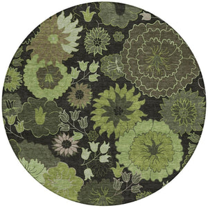 HomeRoots 8' Green and Black Round Floral Area Rug - Washable, Durable, Perfect for Indoor & Outdoor Use! 658131