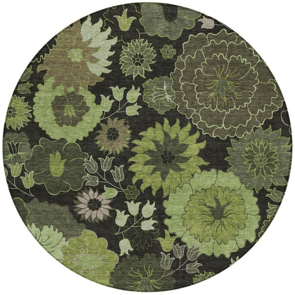 HomeRoots 8' Green and Black Round Floral Area Rug - Washable, Durable, Perfect for Indoor & Outdoor Use! 658131