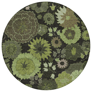 HomeRoots 8' Green and Black Round Floral Area Rug - Washable, Durable, Perfect for Indoor & Outdoor Use! 658131