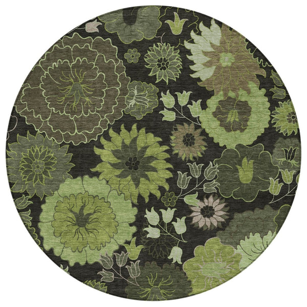 HomeRoots 8' Green and Black Round Floral Area Rug - Washable, Durable, Perfect for Indoor & Outdoor Use! 658131