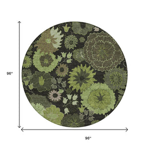 HomeRoots 8' Green and Black Round Floral Area Rug - Washable, Durable, Perfect for Indoor & Outdoor Use! 658131