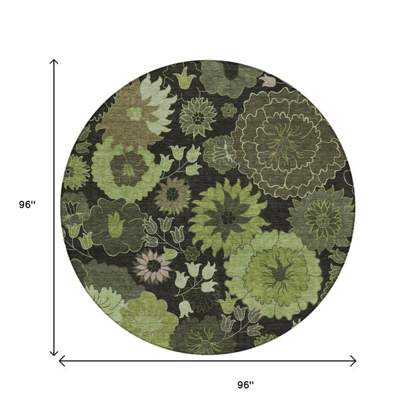 HomeRoots 8' Green and Black Round Floral Area Rug - Washable, Durable, Perfect for Indoor & Outdoor Use! 658131