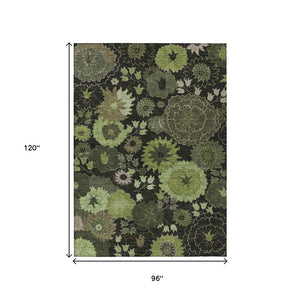 HomeRoots 8' X 10' Elegant Green & Black Floral Washable Area Rug for Indoor & Outdoor Spaces, Stain Resistant 658132