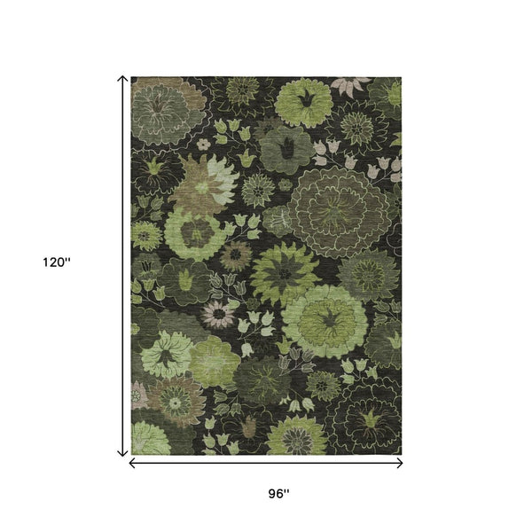 HomeRoots 8' X 10' Elegant Green & Black Floral Washable Area Rug for Indoor & Outdoor Spaces, Stain Resistant 658132