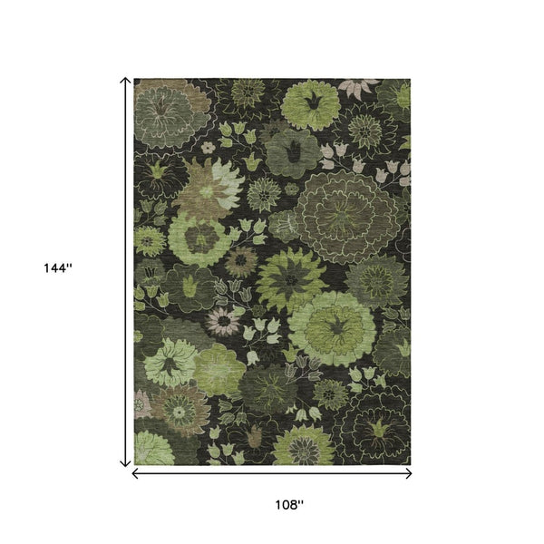 HomeRoots 9' X 12' Indoor/Outdoor Green and Black Floral Area Rug – Durable, Washable, Pet-Friendly, Stylish Design 658133