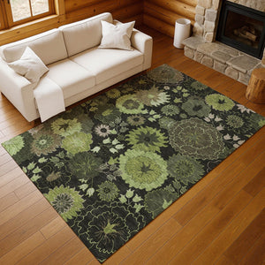 HomeRoots 9' X 12' Indoor/Outdoor Green and Black Floral Area Rug – Durable, Washable, Pet-Friendly, Stylish Design 658133