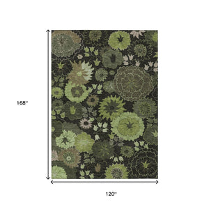 HomeRoots 10' Green and Black Floral Washable Area Rug for Indoor/Outdoor Use – Durable, Stain-Resistant, Stylish 658134