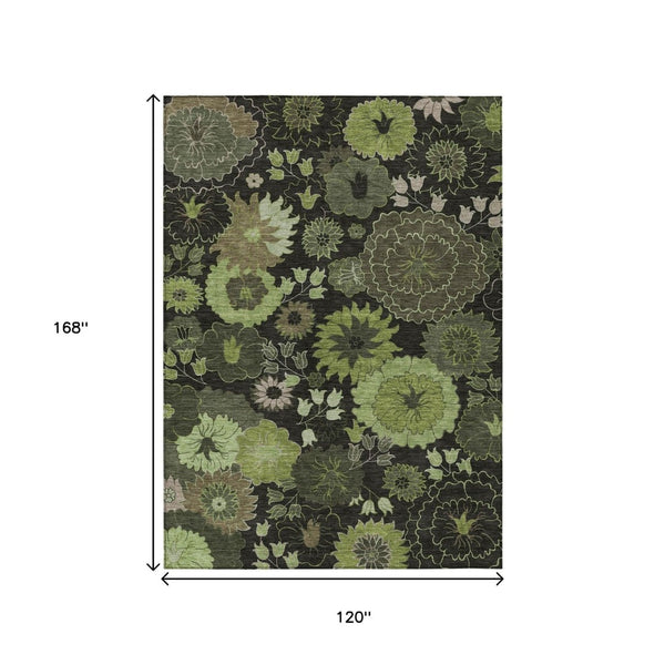 HomeRoots 10' Green and Black Floral Washable Area Rug for Indoor/Outdoor Use – Durable, Stain-Resistant, Stylish 658134
