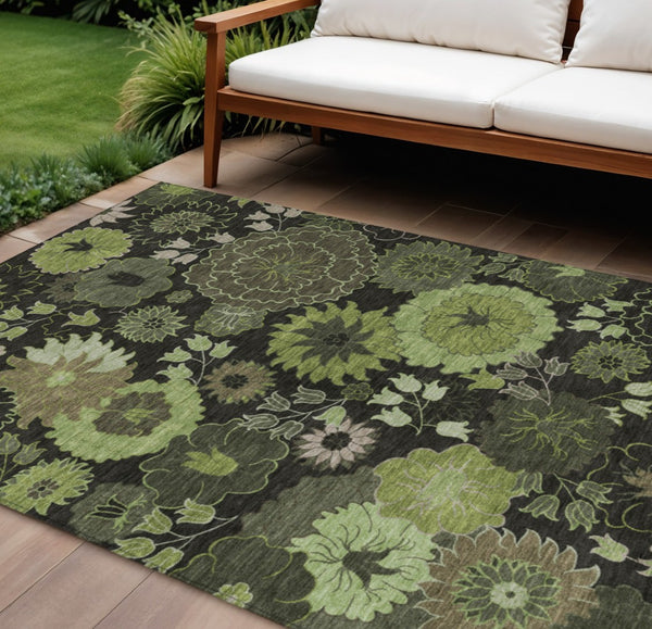 HomeRoots 10' Green and Black Floral Washable Area Rug for Indoor/Outdoor Use – Durable, Stain-Resistant, Stylish 658134