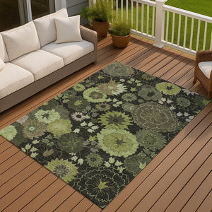 HomeRoots 10' Green and Black Floral Washable Area Rug for Indoor/Outdoor Use – Durable, Stain-Resistant, Stylish 658134