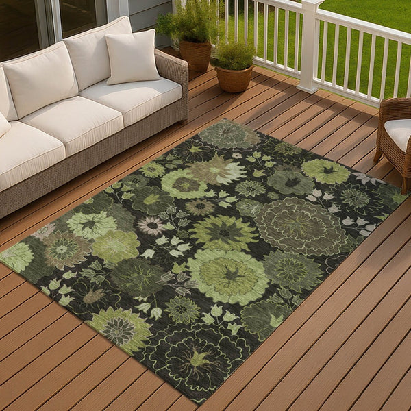 HomeRoots 10' Green and Black Floral Washable Area Rug for Indoor/Outdoor Use – Durable, Stain-Resistant, Stylish 658134