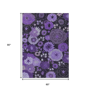 HomeRoots 5' X 8' Purple and Black Floral Area Rug - Washable, Durable, Stylish for Indoor & Outdoor Spaces 658136