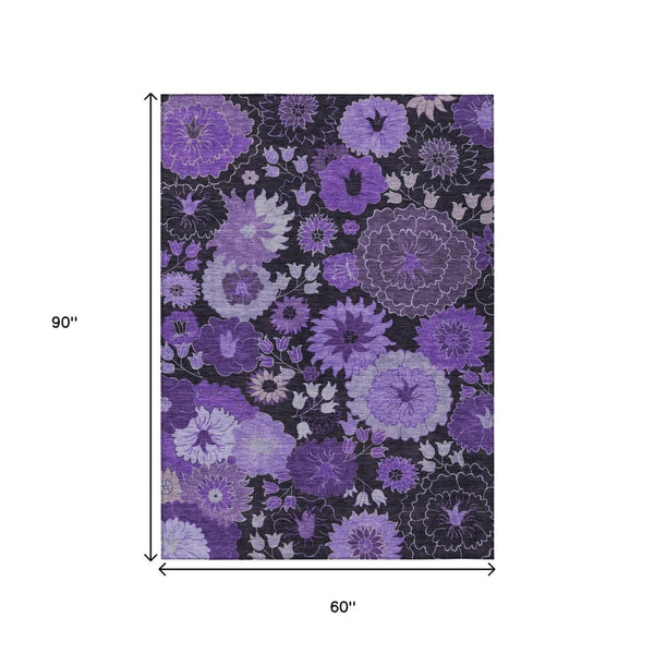 HomeRoots 5' X 8' Purple and Black Floral Area Rug - Washable, Durable, Stylish for Indoor & Outdoor Spaces 658136
