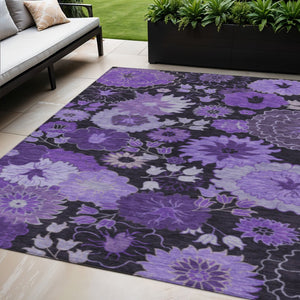 HomeRoots 5' X 8' Purple and Black Floral Area Rug - Washable, Durable, Stylish for Indoor & Outdoor Spaces 658136