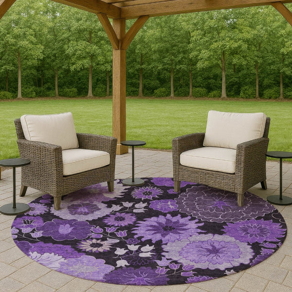 HomeRoots 8' Stunning Purple and Black Floral Area Rug – Washable, Durable, Perfect for Indoor & Outdoor Use! 658137