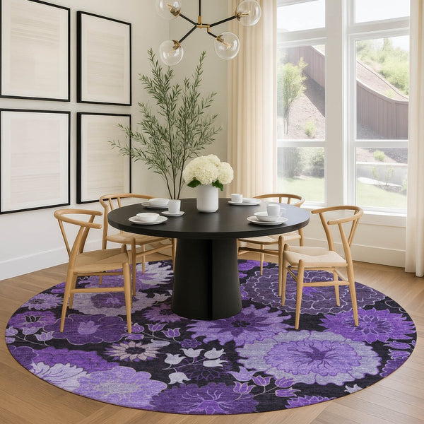 HomeRoots 8' Stunning Purple and Black Floral Area Rug – Washable, Durable, Perfect for Indoor & Outdoor Use! 658137