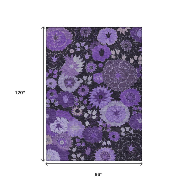HomeRoots 8' X 10' Stylish Purple & Black Floral Washable Indoor/Outdoor Area Rug - Durable & Versatile Design 658138