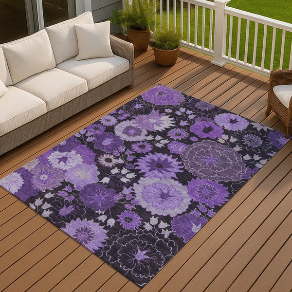 HomeRoots 9' X 12' Purple and Black Floral Area Rug - Durable, Washable, Stylish Design for Indoor & Outdoor Use 658139