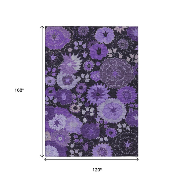 HomeRoots 10' Purple and Black Floral Washable Area Rug - Durable, Stylish, Indoor/Outdoor Comfort for Homes 658140