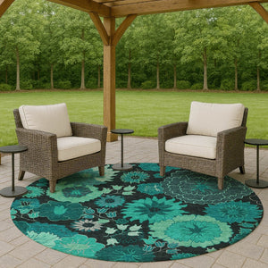 HomeRoots 8' Teal Blue Round Floral Area Rug - Stylish, Washable, Durable for Indoor & Outdoor Spaces! 658143