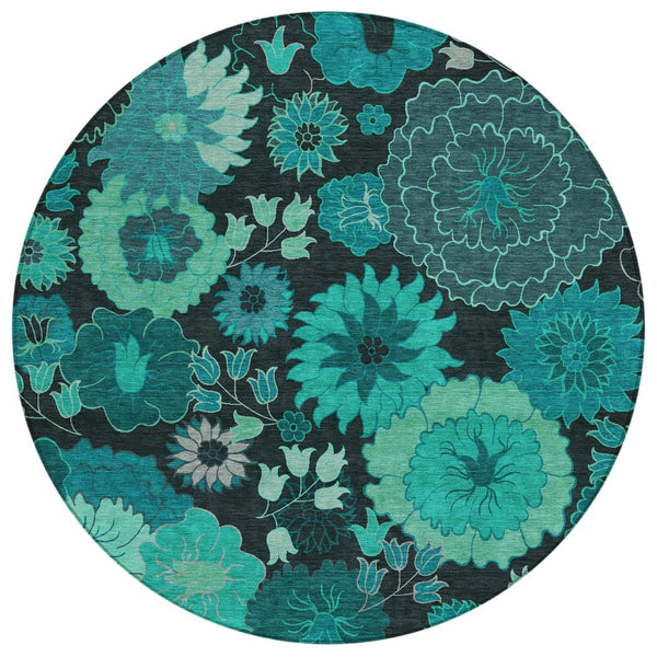 HomeRoots 8' Teal Blue Round Floral Area Rug - Stylish, Washable, Durable for Indoor & Outdoor Spaces! 658143