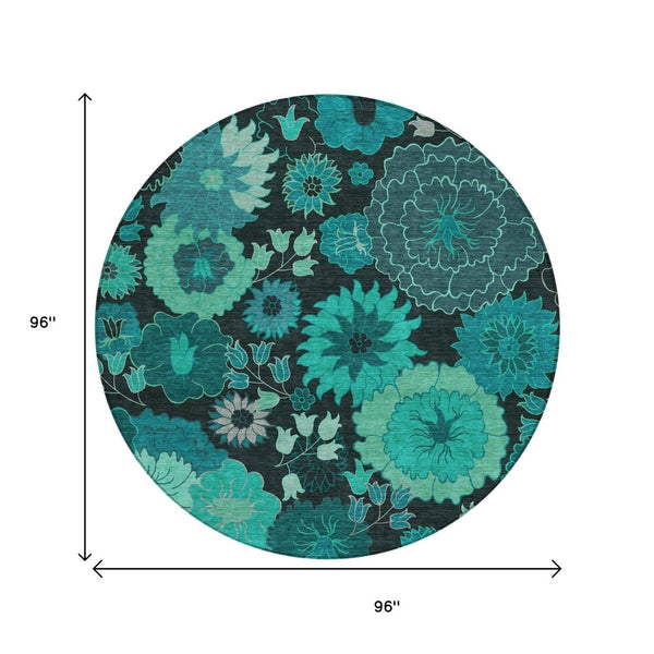 HomeRoots 8' Teal Blue Round Floral Area Rug - Stylish, Washable, Durable for Indoor & Outdoor Spaces! 658143